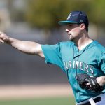 Seattle Mariners relief pitcher Dan Altavilla throws during a baseball spring training workout, Monday, Feb. 19, 2018, in Peoria, Ariz. (AP Photo/Charlie Neibergall)