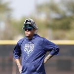 Seattle Mariners starting pitcher Felix Hernandez watches a drill during a baseball spring training workout, Monday, Feb. 19, 2018, in Peoria, Ariz. (AP Photo/Charlie Neibergall)