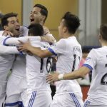 Montreal Impact forward Jeisson Vargas (16) celebrates with teammates after he scored a goal against the Seattle Sounders, during the second half of an MLS soccer match, Saturday, March 31, 2018, in Seattle. The Impact won 1-0. (AP Photo/Ted S. Warren)