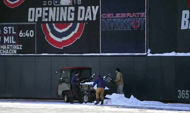 Snow was still present at Target Field a day before the Mariners' series with the Twins. (AP)...