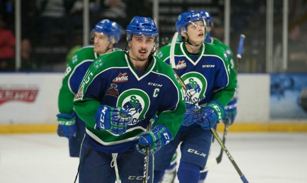 Swift Current's Glenn Gawdin celebrates one of his three goals during the Broncos 3-2 overtime win ...
