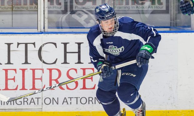 Seattle rookie Payton Mount looks up ice during the Seattle Thunderbirds training camp Friday (Bria...