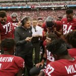 Washington State head coach Mike Leach center, speaks with his team during the first half of an NCAA college football game against Eastern Washington in Pullman, Wash., Saturday, Sept. 15, 2018. (AP Photo/Young Kwak)