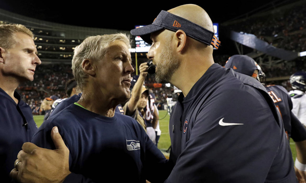 Seahawks coach Pete Carroll and Bears coach Matt Nagy greet each other after Monday's game. (AP)...