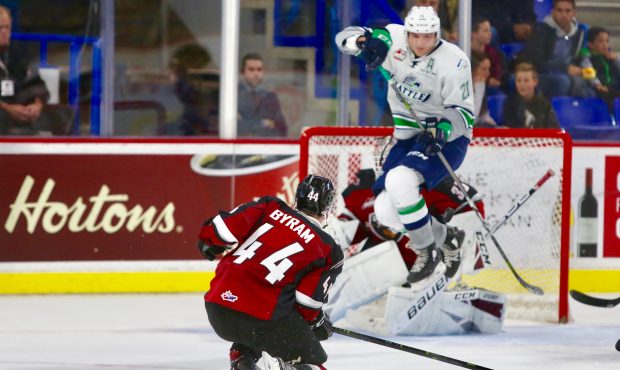 Seattle's Mathew Wedman leaps out of the way of a shot on goal during the T-Birds 3-1 win in Vancou...