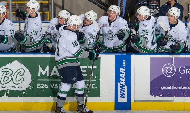 Noah Philp of the Seattle Thunderbirds celebrates one of his four goals Wednesday during the T-Bird...