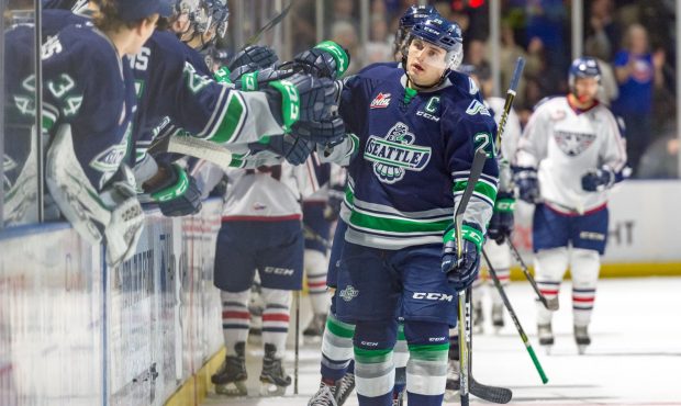 Seattle captain Nolan Volcan celebrates one of his two goals Tuesday (Brian Liesse/ T-Birds)...