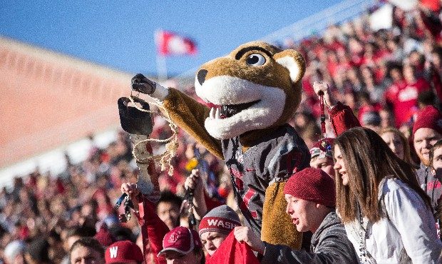 The mascot head of WSU's Butch T. Cougar was worn by College GameDay's Lee Corso. (AP)...