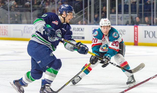 Seattle's Zack Andrusiak snaps a shot during the Thunderbirds 3-1 loss to the Kelowna Rockets (Bria...