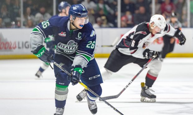 Seattle captain Nolan Volcan carries the puck up ice during the T-Birds loss to the Vancouver Giant...
