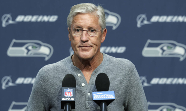 Seattle Seahawks NFL football head coach Pete Carroll talks to reporters Tuesday, Oct. 16, 2018, at...