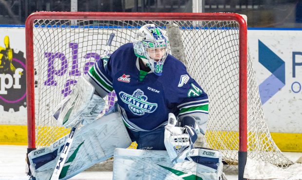 Back up goalie Cole Schwebius has played well for the Seattle Thunderbirds this season. (Brian Lies...