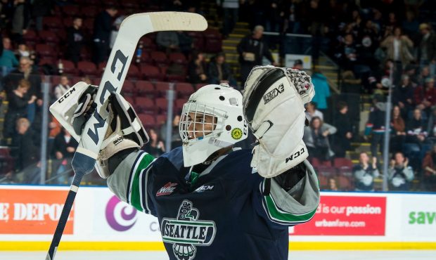Seattle goalie Roddy Ross celebrates after the Thunderbirds 3-2 overtime win in Kelowna (Photo by M...