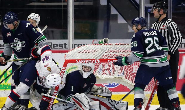 Seattle goalie Roddy Ross ducks for cover during the Thunderbirds 6-3 win in Regina. Ross won his f...