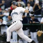
              FILE - In this Oct. 3, 2004, file photo, Seattle Mariners' Edgar Martinez makes the final swing of his career, against the Texas Rangers, in Seattle. Martinez finished with a .312 career average in 18 seasons, all with Seattle. Martinez was elected to baseball's Hall of Fame Tuesday, Jan. 22, 2019. (AP Photo/Elaine Thompson, File)
            