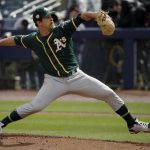 
              Oakland Athletics starting pitcher Daniel Mengden throws during the first inning of a spring training baseball game against the Seattle Mariners, Friday, Feb. 22, 2019, in Peoria, Ariz. (AP Photo/Charlie Riedel)
            