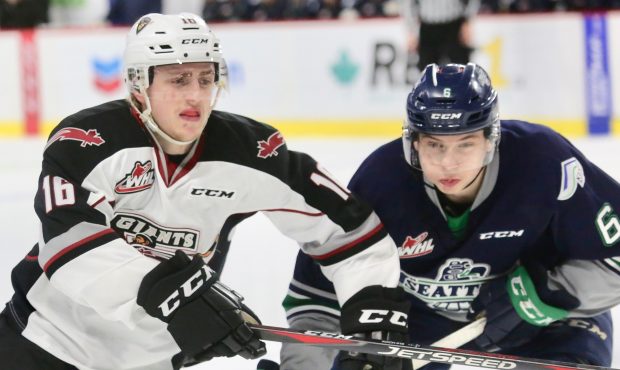 Tyrel Bauer fights for position with Vancouver's Davis Koch as the Thunderbirds evened their first-...