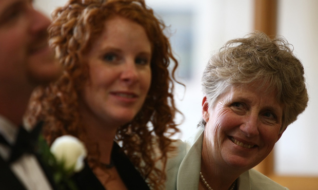 Carol O'Neil (right) at the wedding of Danny O'Neil and Sharon Pian Chan at the King County Courtho...
