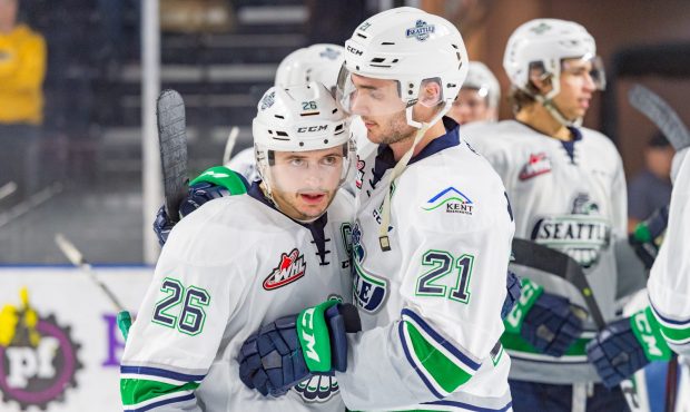 Seattle captain Nolan Volcan is embraced by Matthew Wedman after playing his final WHL game Saturda...