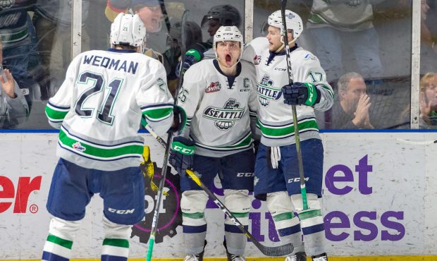 Seattle captain Nolan Volcan celebrates one of his two goals Saturday as the Thunderbirds beat Ever...