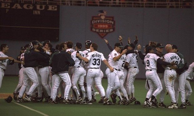 The Seattle Mariners celebrate the team's first playoff series win in October 1995. (Getty)...