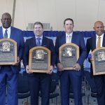 COOPERSTOWN, NEW YORK - JULY 21:  Inductees (from left) Harold Baines, Lee Smith, Edgar Martinez, Mike Mussina, Mariano Rivera and Brandy Halladay, wife the late Roy Halladay, pose with their plaques during the Baseball Hall of Fame induction ceremony at Clark Sports Center on July 21, 2019 in Cooperstown, New York. (Photo by Jim McIsaac/Getty Images)