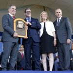 Edgar Martinez poses for a photograph with his plaque alongside Hall of Fame president Tim Mead (L), Chairman of the board Jane Forbes Clark and MLB Commissioner Bob Manfred (R) during the Baseball Hall of Fame induction ceremony at Clark Sports Center on July 21, 2019 in Cooperstown, New York. (Photo by Jim McIsaac/Getty Images)