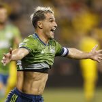 Seattle Sounders' Nicolas Lodeiro celebrates his goal against the Columbus Crew during the second half of an MLS soccer match Saturday, July 6, 2019, in Columbus, Ohio. The Sounders won 2-1. (AP Photo/Jay LaPrete)
