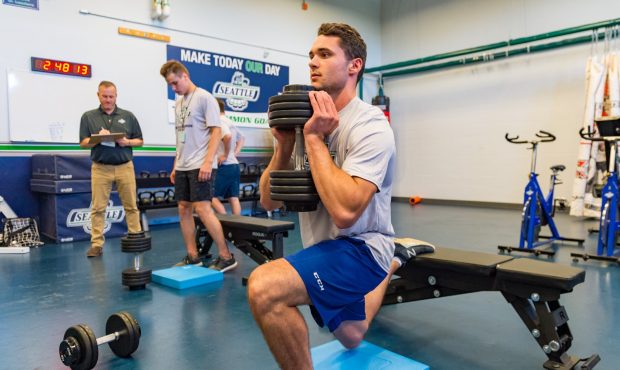 Seattle's Matthew Wedman performs Goblin Squats during the Thunderbirds fitness testing Monday. (Br...