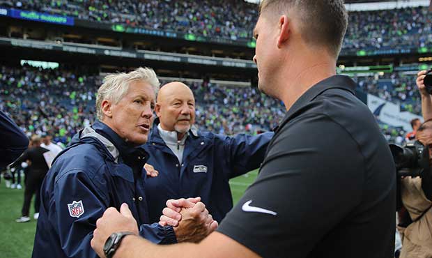Pete Carroll greeted Bengals coach Zac Taylor after the Seahawks' win. (Getty)...