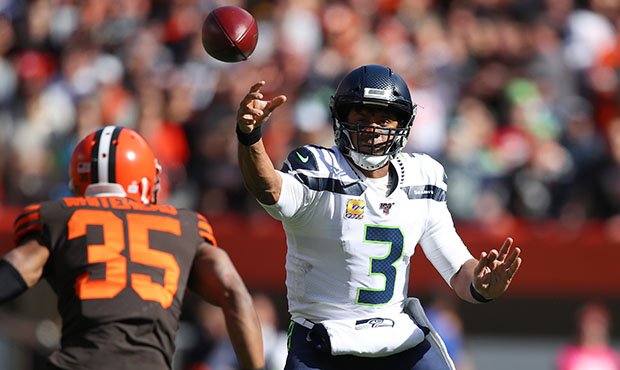 Seattle Seahawks quarterback Russell Wilson (3) warms up before an NFL  football game against the Cleveland Browns, Sunday, Oct. 13, 2019, in  Cleveland. The Seahawks won 32-28. (AP Photo/David Richard Stock Photo -  Alamy