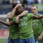 Seattle Sounders' Kelvin Leerdam celebrates after scoring against the Toronto FC, Sunday, Nov. 10, 2019, during the second half of the MLS Cup championship soccer match in Seattle. (AP Photo/Ted S. Warren)