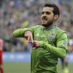 Seattle Sounders' Victor Rodriguez celebrates after scoring against the Toronto FC, Sunday, Nov. 10, 2019, during the second half of the MLS Cup championship soccer match in Seattle. (AP Photo/Ted S. Warren)