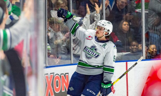 Keltie Jeri-Leon celebrates one of his two goals during the Seattle Thunderbirds 9-5 win over the S...