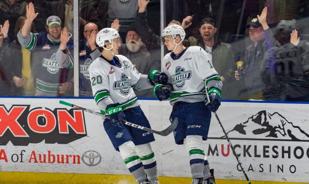 Andrej Kukuca (right) celebrates one his three goals with Conner Bruggen-Cate as the Thunderbirds p...