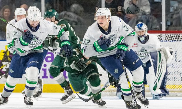 Seattle Thunderbirds rookies Matthew Rempe (right) and Lucas Ciona (left) were part of the youth mo...