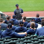 SEATTLE, WASHINGTON - JULY 03: Seattle Mariners Manager Scott Servais leads a team meeting during summer workouts at T-Mobile Park on July 03, 2020 in Seattle, Washington. (Photo by Abbie Parr/Getty Images)