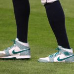 SEATTLE, WASHINGTON - JULY 31: A general view of the Nike Air Jordan shoes worn by Taijuan Walker #99 of the Seattle Mariners during their Opening Day game against the Oakland Athletics at T-Mobile Park on July 31, 2020 in Seattle, Washington. (Photo by Abbie Parr/Getty Images)