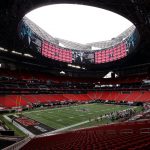 ATLANTA, GEORGIA - SEPTEMBER 13:  A view of Mercedes-Benz Stadium as the Atlanta Falcons honor the late John Lewis as team captain prior to the game against the Seattle Seahawks on September 13, 2020 in Atlanta, Georgia. (Photo by Kevin C. Cox/Getty Images)