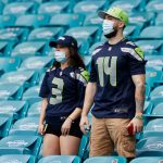 MIAMI GARDENS, FLORIDA - OCTOBER 04: Seattle Seahawks fans look on prior to the game against the Miami Dolphins at Hard Rock Stadium on October 04, 2020 in Miami Gardens, Florida. (Photo by Michael Reaves/Getty Images)