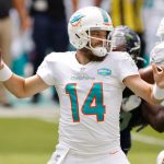 MIAMI GARDENS, FLORIDA - OCTOBER 04: Ryan Fitzpatrick #14 of the Miami Dolphins throws a pass against the Seattle Seahawks during the first quarter at Hard Rock Stadium on October 04, 2020 in Miami Gardens, Florida. (Photo by Michael Reaves/Getty Images)
