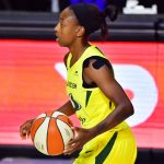 PALMETTO, FLORIDA - OCTOBER 06: Jewell Loyd #24 of the Seattle Storm dribbles during the first half of Game 3 of the WNBA Finals against the Las Vegas Aces at Feld Entertainment Center on October 06, 2020 in Palmetto, Florida. NOTE TO USER: User expressly acknowledges and agrees that, by downloading and or using this photograph, User is consenting to the terms and conditions of the Getty Images License Agreement. (Photo by Julio Aguilar/Getty Images)