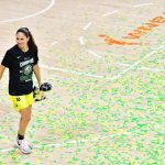 PALMETTO, FLORIDA - OCTOBER 06: Sue Bird #10 of the Seattle Storm walks across the court after winning the WNBA Championship following Game 3 of the WNBA Finals against the Las Vegas Aces at Feld Entertainment Center on October 06, 2020 in Palmetto, Florida. NOTE TO USER: User expressly acknowledges and agrees that, by downloading and or using this photograph, User is consenting to the terms and conditions of the Getty Images License Agreement. (Photo by Julio Aguilar/Getty Images)