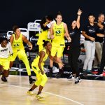 PALMETTO, FLORIDA - OCTOBER 06: The Seattle Storm celebrates their victory in Game 3 of the WNBA Finals against the Las Vegas Aces at Feld Entertainment Center on October 06, 2020 in Palmetto, Florida. NOTE TO USER: User expressly acknowledges and agrees that, by downloading and or using this photograph, User is consenting to the terms and conditions of the Getty Images License Agreement. (Photo by Julio Aguilar/Getty Images)