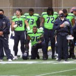 SEATTLE, WASHINGTON - OCTOBER 11: Duane Brown #76 of the Seattle Seahawks takes a knee during the national anthem before the start of a game against the Minnesota Vikings at CenturyLink Field on October 11, 2020 in Seattle, Washington. (Photo by Abbie Parr/Getty Images)