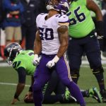 SEATTLE, WASHINGTON - OCTOBER 11: Eric Wilson #50 of the Minnesota Vikings celebrates a sack against Russell Wilson #3 of the Seattle Seahawks during the second quarter at CenturyLink Field on October 11, 2020 in Seattle, Washington. (Photo by Abbie Parr/Getty Images)