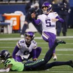 SEATTLE, WASHINGTON - OCTOBER 11: Dan Bailey #5 of the Minnesota Vikings kicks a field goal against the Seattle Seahawks during the second quarter at CenturyLink Field on October 11, 2020 in Seattle, Washington. (Photo by Abbie Parr/Getty Images)