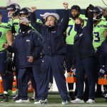SEATTLE, WASHINGTON - OCTOBER 11: head coach Pete Carroll of the Seattle Seahawks  celebrates against the Minnesota Vikings during the fourth quarter at CenturyLink Field on October 11, 2020 in Seattle, Washington. (Photo by Abbie Parr/Getty Images)