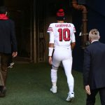 SEATTLE, WASHINGTON - NOVEMBER 01: Quarterback Jimmy Garoppolo #10 of the San Francisco 49ers exits the field as they play the at the start of the fourth quarter of the game at CenturyLink Field on November 01, 2020 in Seattle, Washington. (Photo by Abbie Parr/Getty Images)