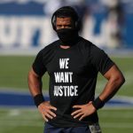ORCHARD PARK, NEW YORK - NOVEMBER 08: Russell Wilson #3 of the Seattle Seahawks wears a shirt that reads "We Want Justice" before the game against the Buffalo Bills at Bills Stadium on November 08, 2020 in Orchard Park, New York. (Photo by Bryan M. Bennett/Getty Images)